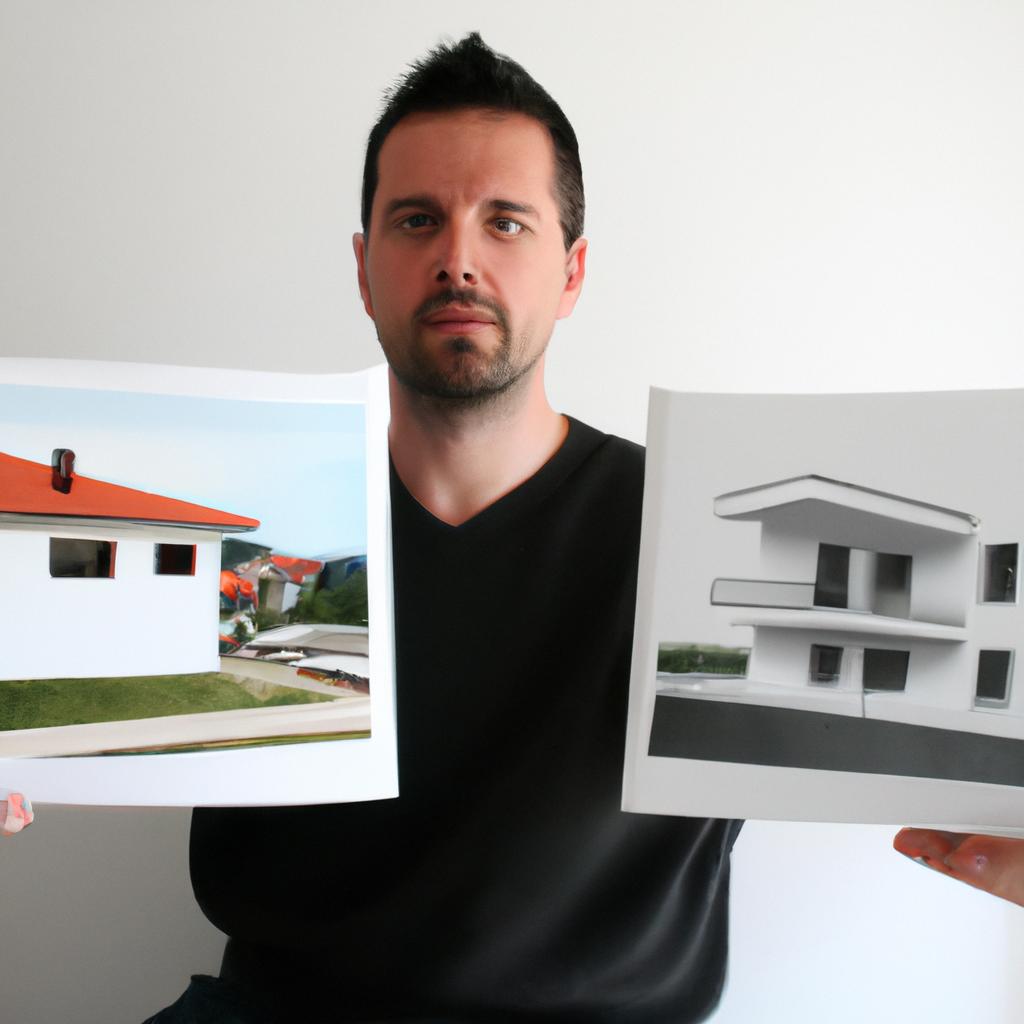 Man comparing house and apartment